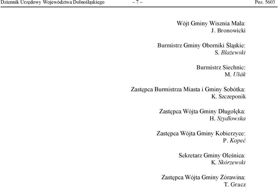 Ušák Zastępca Burmistrza Miasta i Gminy Sobótka: K. Szczeponik Zastępca Wójta Gminy Długołęka: H.