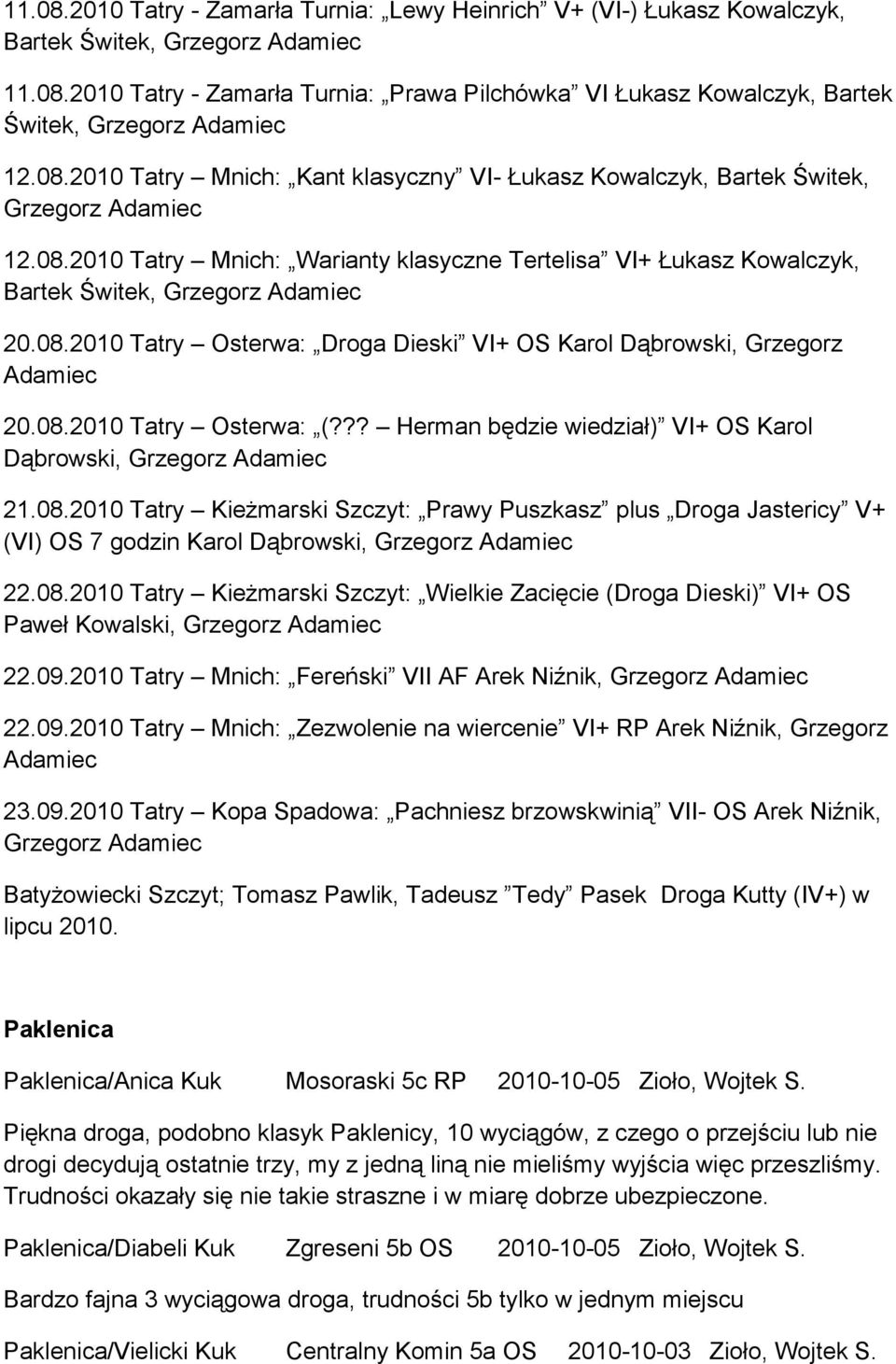 08.2010 Tatry Osterwa: Droga Dieski VI+ OS Karol Dąbrowski, Grzegorz Adamiec 20.08.2010 Tatry Osterwa: (??? Herman będzie wiedział) VI+ OS Karol Dąbrowski, Grzegorz Adamiec 21.08.2010 Tatry Kieżmarski Szczyt: Prawy Puszkasz plus Droga Jastericy V+ (VI) OS 7 godzin Karol Dąbrowski, Grzegorz Adamiec 22.