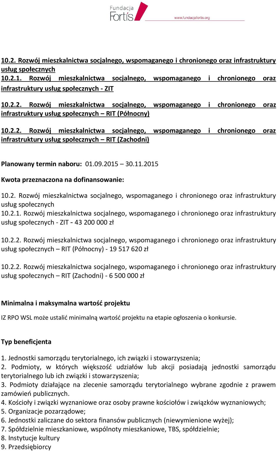 09.2015 30.11.2015 Kwota przeznaczona na dofinansowanie: 10.2. Rozwój mieszkalnictwa socjalnego, wspomaganego i chronionego oraz infrastruktury usług społecznych 10.2.1. Rozwój mieszkalnictwa socjalnego, wspomaganego i chronionego oraz infrastruktury usług społecznych - ZIT - 43 200 000 zł 10.