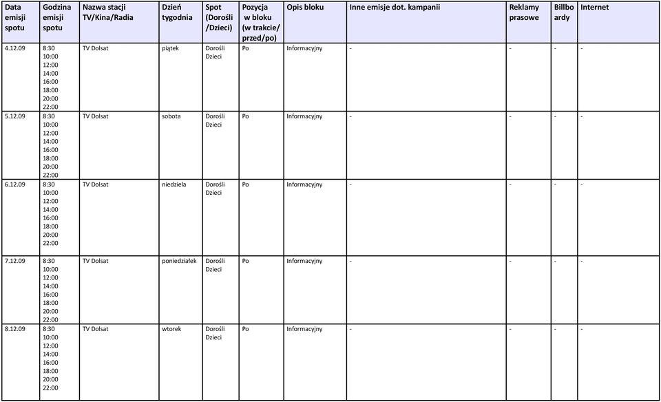 piątek TV Dolsat sobota TV Dolsat niedziela TV Dolsat poniedziałek TV Dolsat wtorek /po) Po