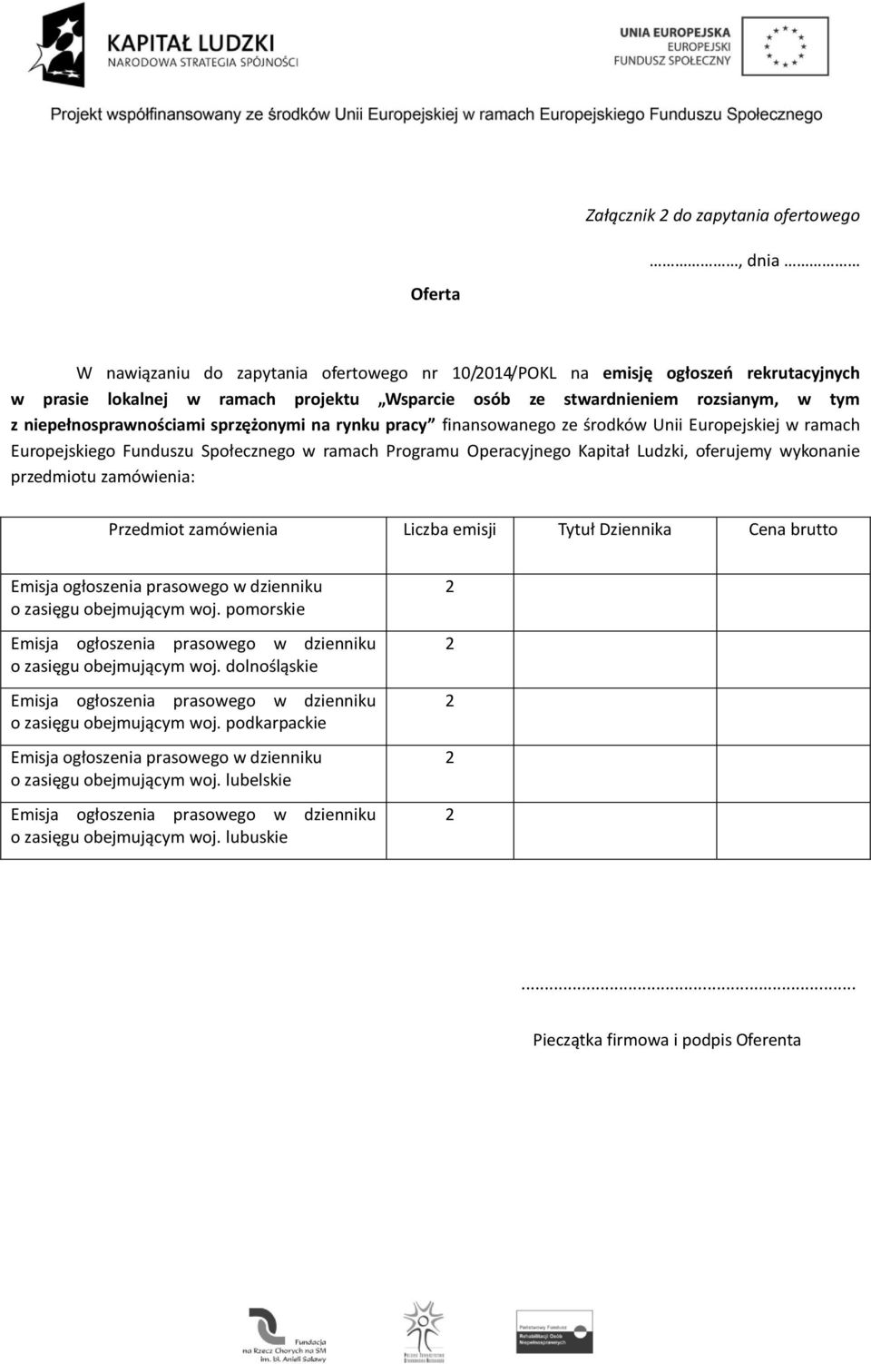 Programu Operacyjnego Kapitał Ludzki, oferujemy wykonanie przedmiotu zamówienia: Przedmiot zamówienia Liczba emisji Tytuł Dziennika Cena brutto o zasięgu obejmującym woj.