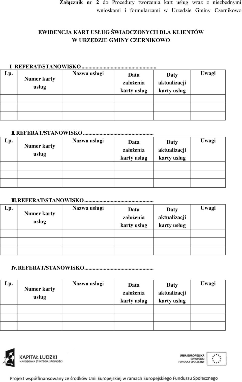 REFERAT/STANOWISKO... Lp. Nazwa usługi Data Numer karty założenia usług karty usług Daty aktualizacji karty usług Uwagi IV. REFERAT/STANOWISKO... Lp. Numer karty usług Nazwa usługi Data założenia karty usług Daty aktualizacji karty usług Uwagi