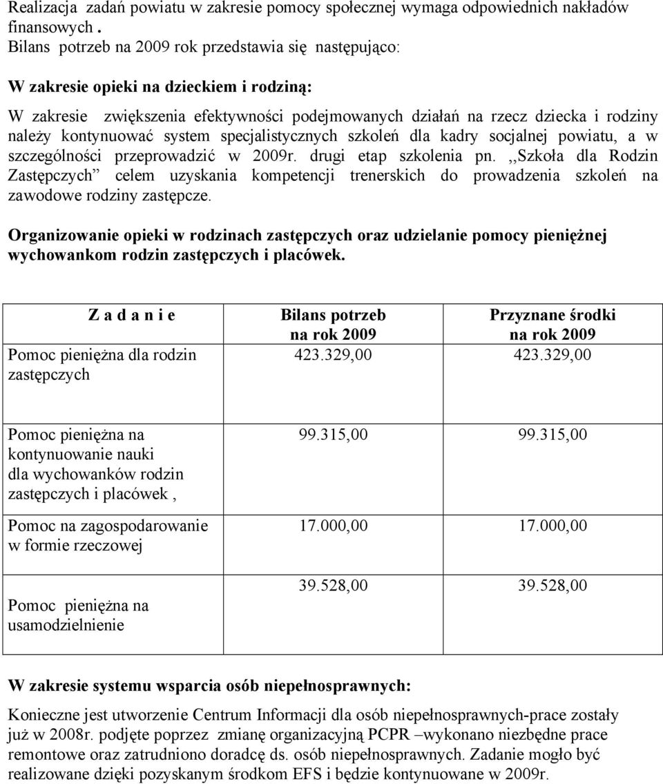 kontynuować system specjalistycznych szkoleń dla kadry socjalnej powiatu, a w szczegélności przeprowadzić w 2009r. drugi etap szkolenia pn.