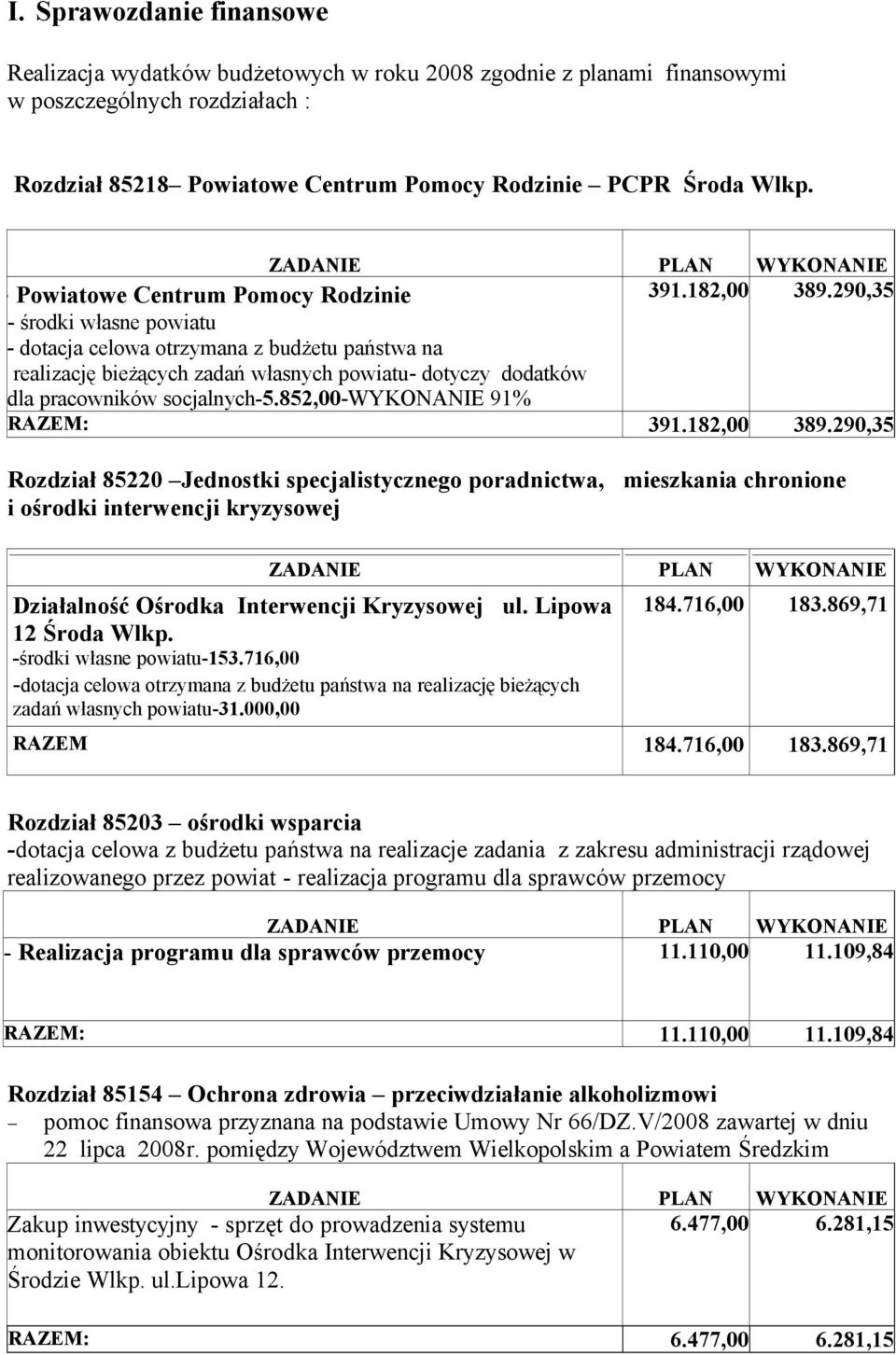 290,35 - środki własne powiatu - dotacja celowa otrzymana z budżetu państwa na realizację bieżących zadań własnych powiatu- dotyczy dodatkáw dla pracownikáw socjalnych-5.