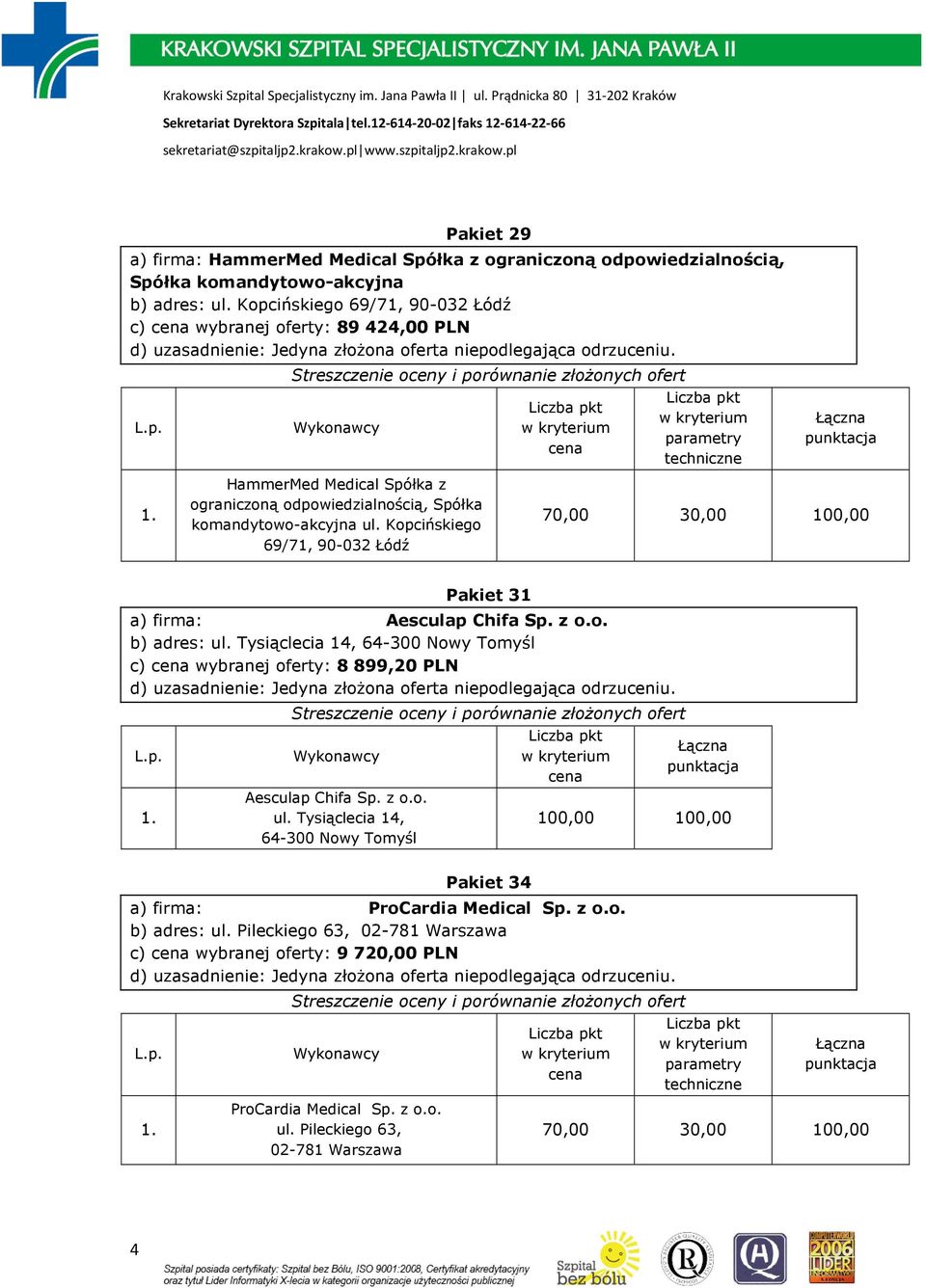 Kopcińskiego 69/71, 90-032 Łódź Pakiet 31 a) firma: Aesculap Chifa Sp. z o.o. b) adres: ul.