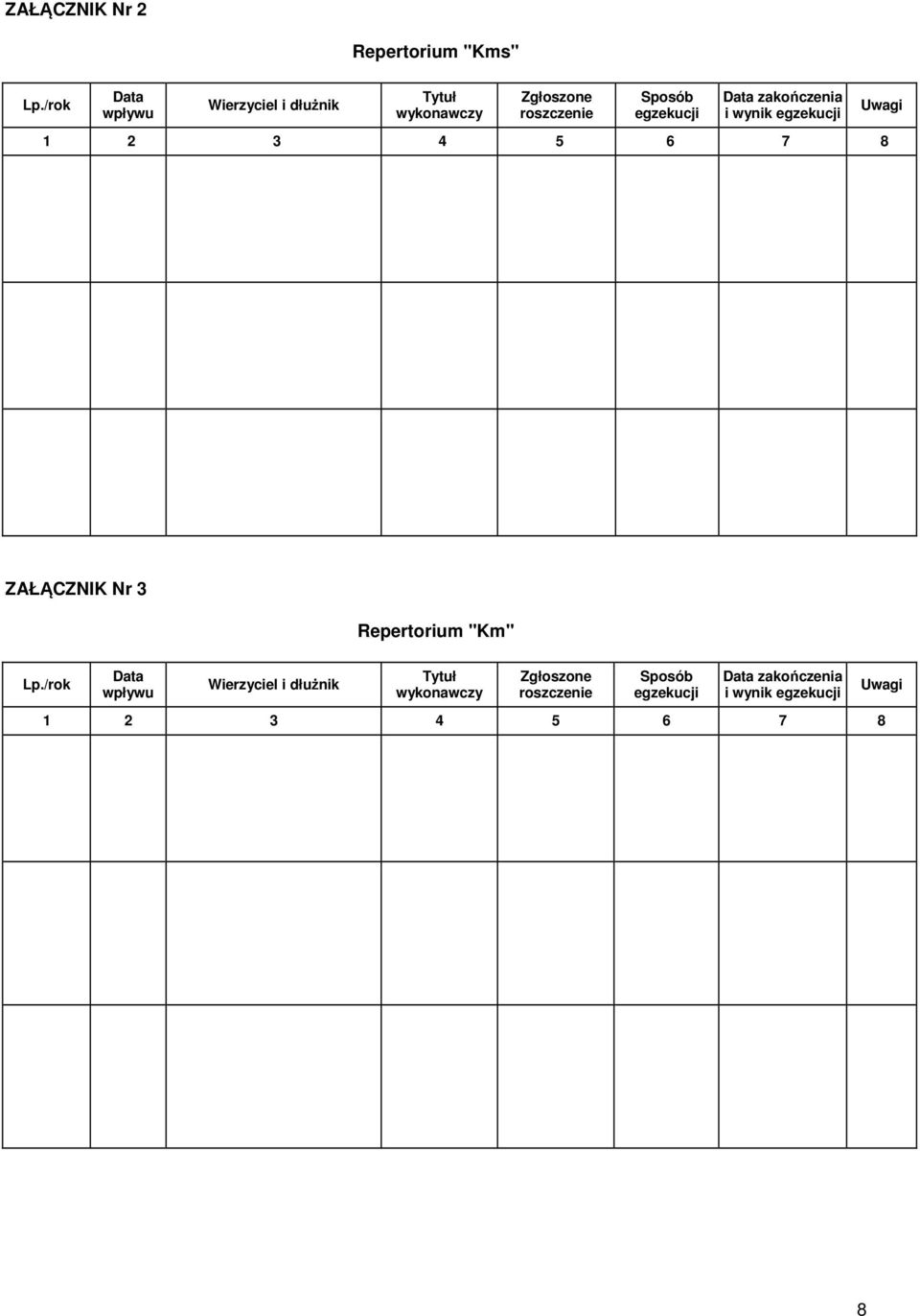 egzekucji Data zakończenia i wynik egzekucji 1 2 3 4 5 6 7 8 ZAŁĄCZNIK Nr 3 Repertorium