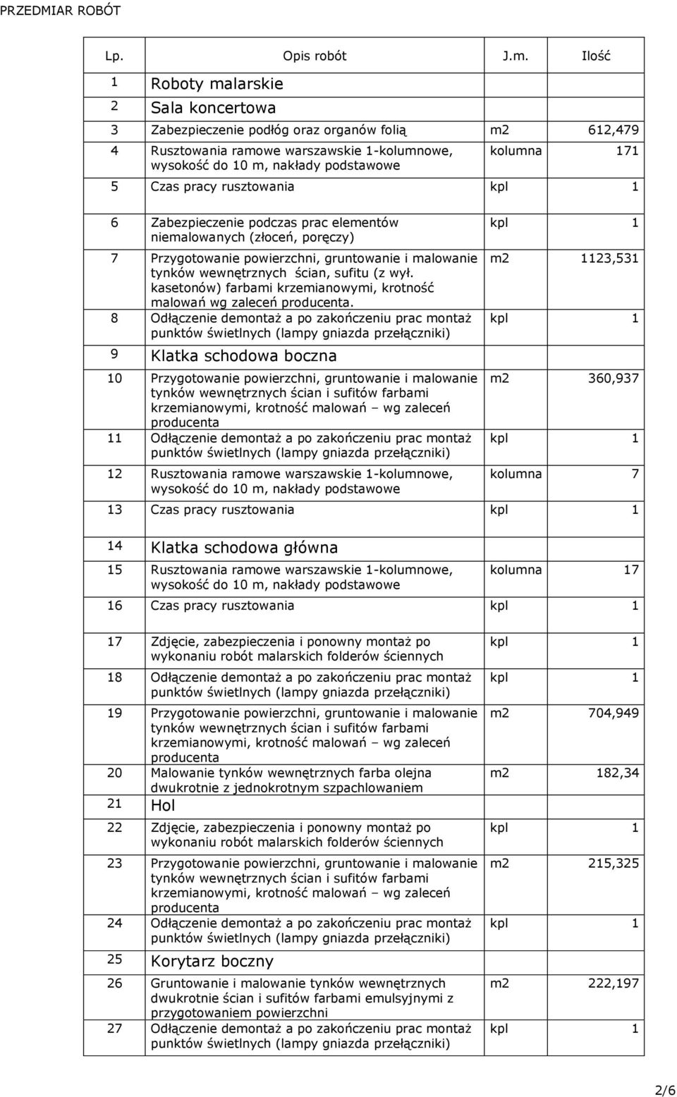 pracy rusztowania 6 Zabezpieczenie podczas prac elementów niemalowanych (złoceń, poręczy) 7 Przygotowanie powierzchni, gruntowanie i malowanie tynków wewnętrznych ścian, sufitu (z wył.