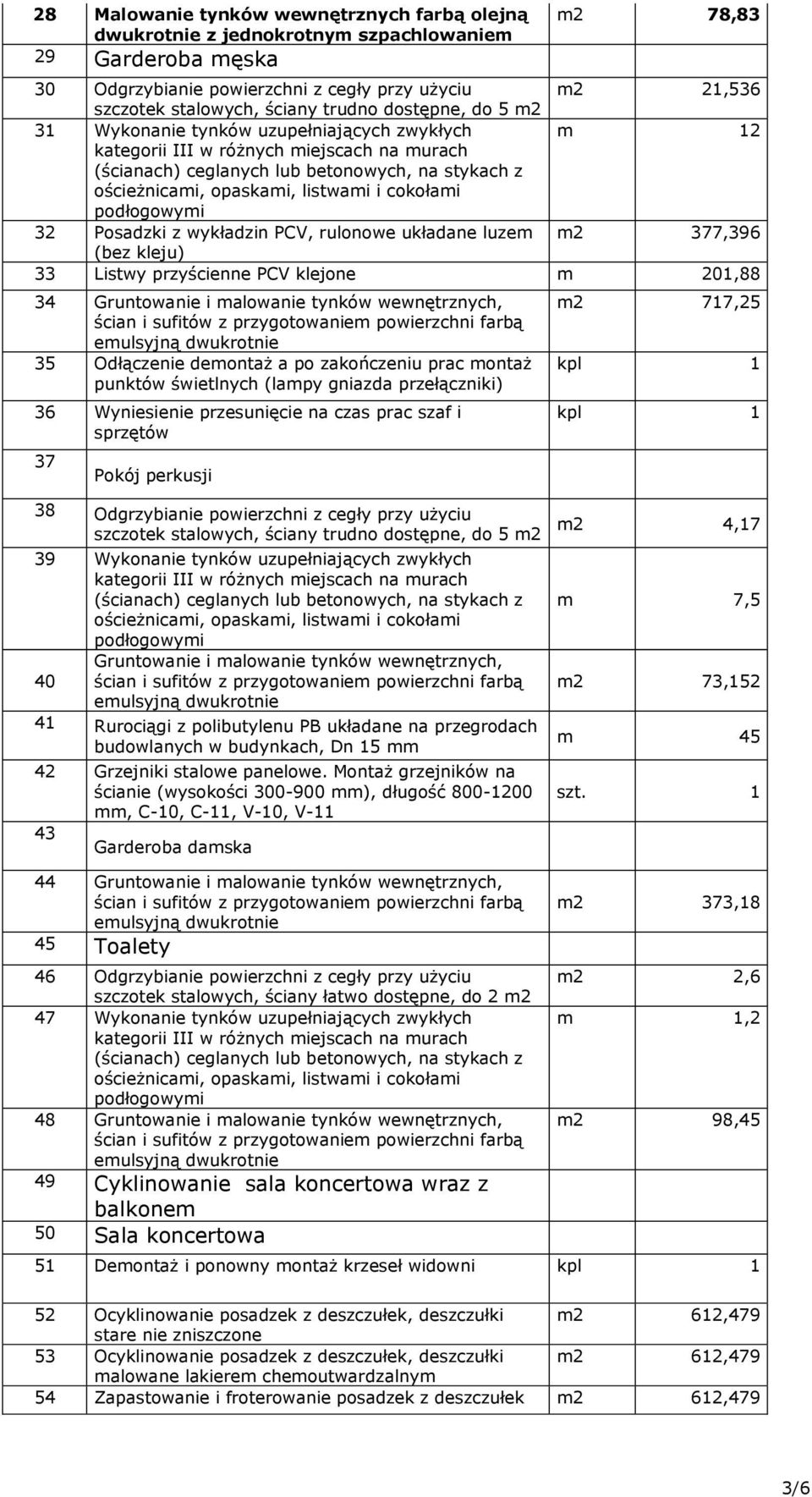 listwami i cokołami podłogowymi 32 Posadzki z wykładzin PCV, rulonowe układane luzem m2 377,396 (bez kleju) 33 Listwy przyścienne PCV klejone m 201,88 34 Gruntowanie i malowanie tynków wewnętrznych,