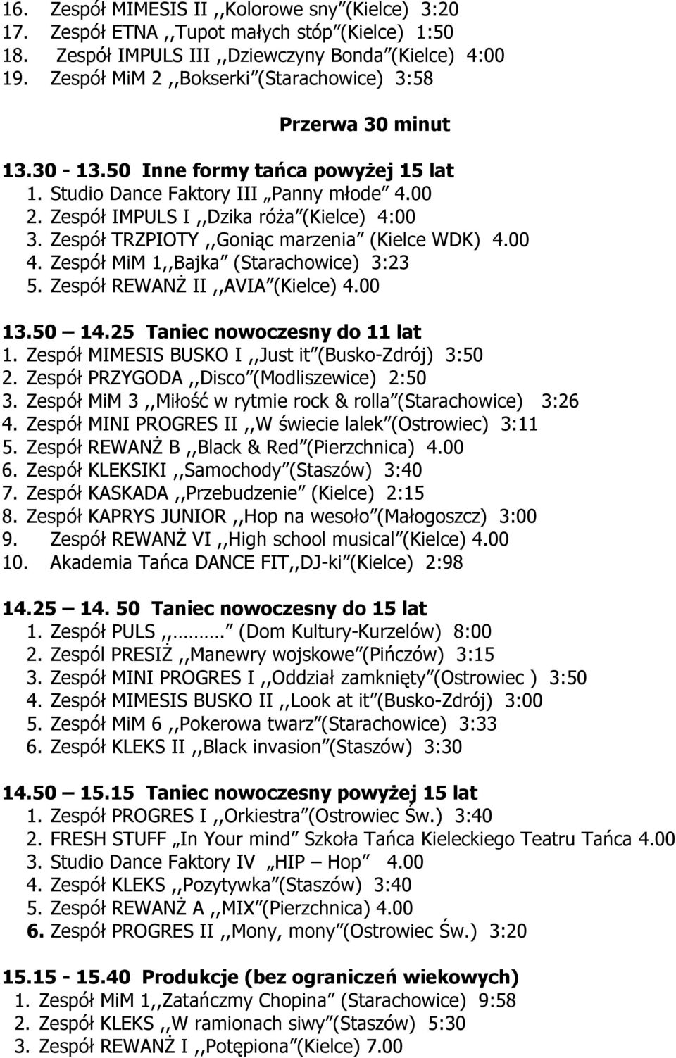 Zespół TRZPIOTY,,Goniąc marzenia (Kielce WDK) 4.00 4. Zespół MiM 1,,Bajka (Starachowice) 3:23 5. Zespół REWANś II,,AVIA (Kielce) 4.00 13.50 14.25 Taniec nowoczesny do 11 lat 1.