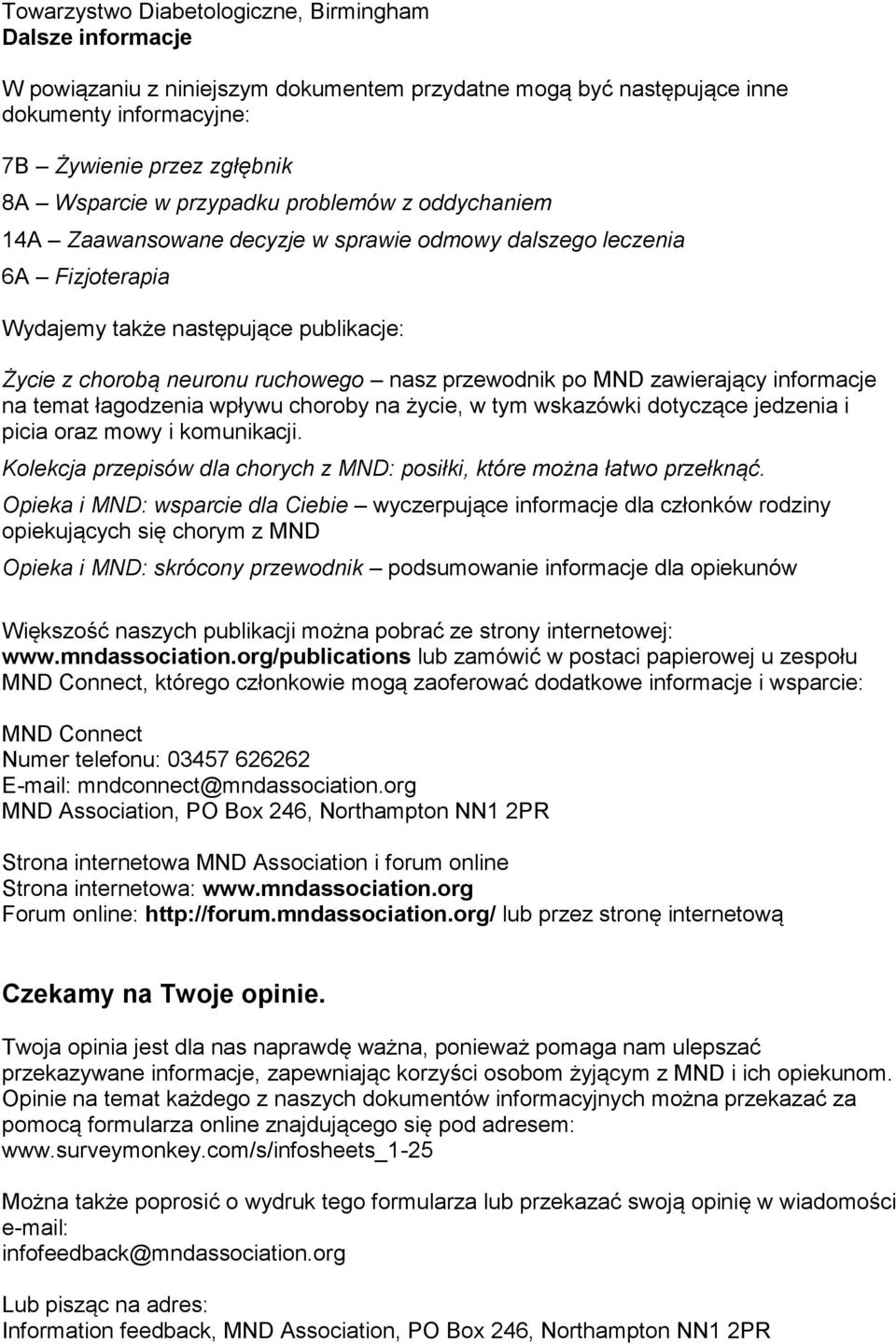 po MND zawierający informacje na temat łagodzenia wpływu choroby na życie, w tym wskazówki dotyczące jedzenia i picia oraz mowy i komunikacji.