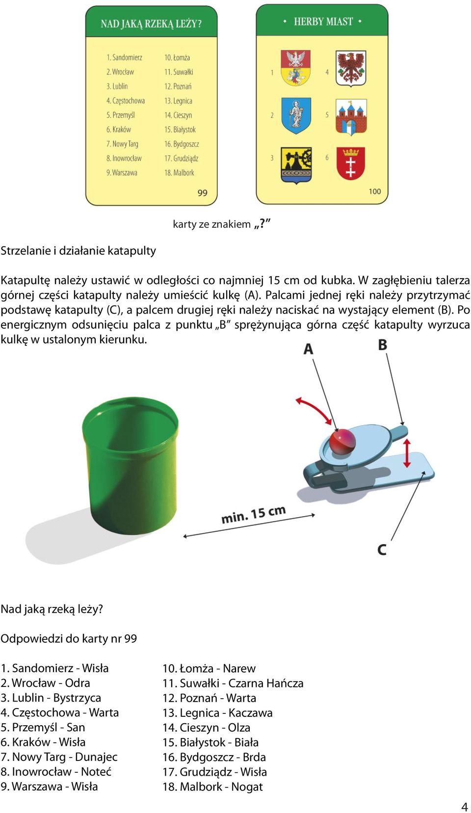 Po energicznym odsunięciu palca z punktu B sprężynująca górna część katapulty wyrzuca kulkę w ustalonym kierunku. Nad jaką rzeką leży? Odpowiedzi do karty nr 99 1. Sandomierz - Wisła 2.