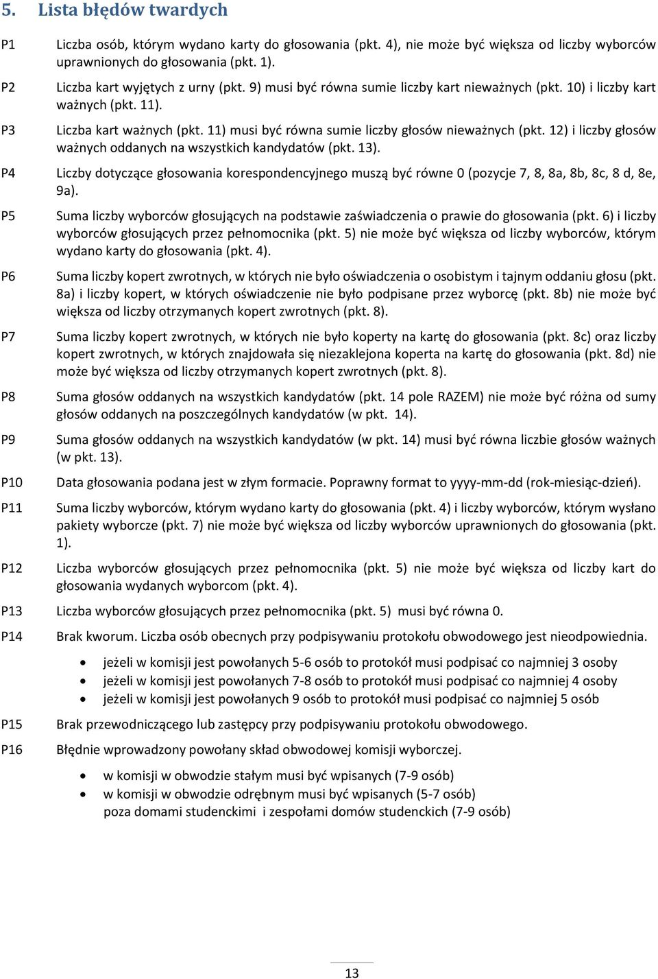 11) musi być równa sumie liczby głosów nieważnych (pkt. 12) i liczby głosów ważnych oddanych na wszystkich kandydatów (pkt. 13).