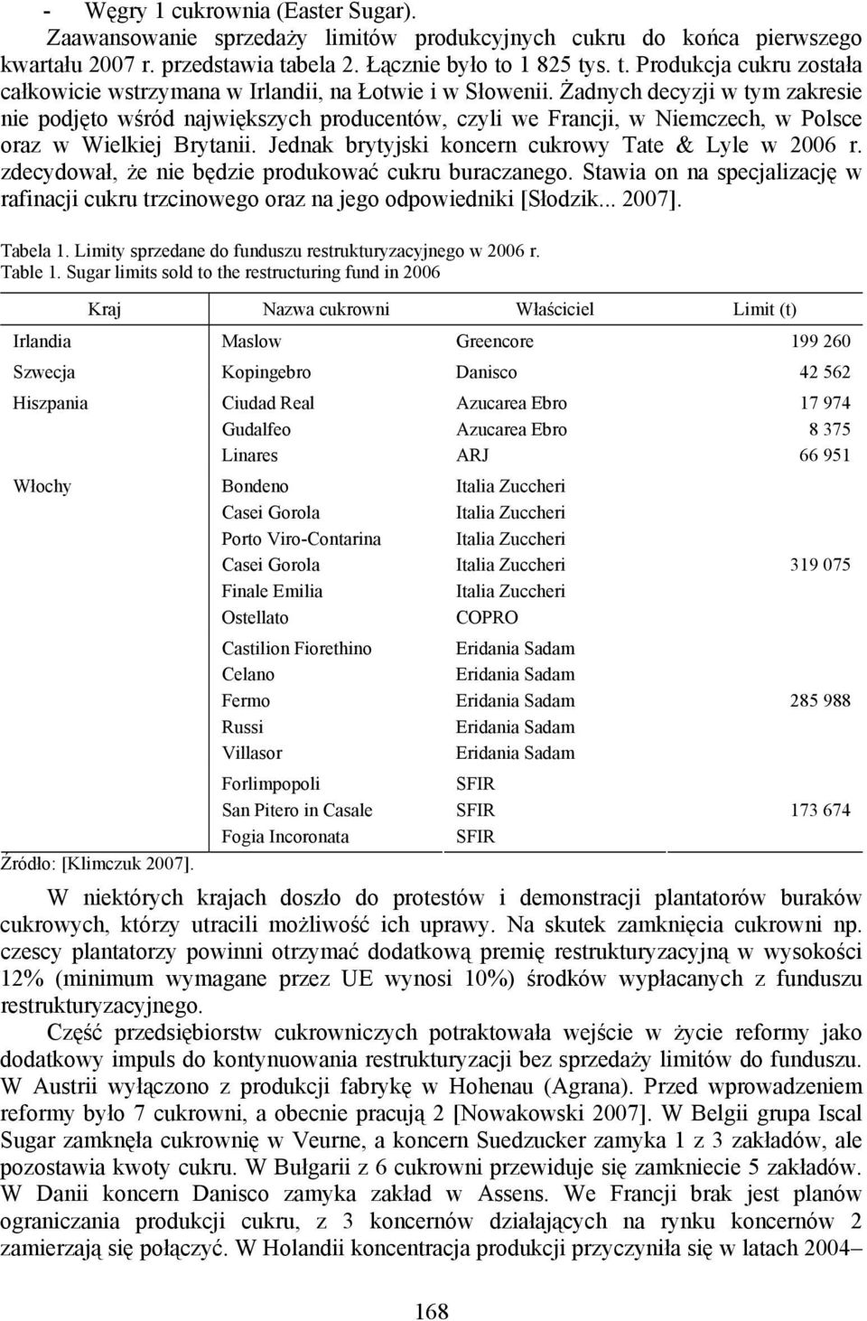 Żadnych decyzji w tym zakresie nie podjęto wśród największych producentów, czyli we Francji, w Niemczech, w Polsce oraz w Wielkiej Brytanii. Jednak brytyjski koncern cukrowy Tate & Lyle w 2006 r.