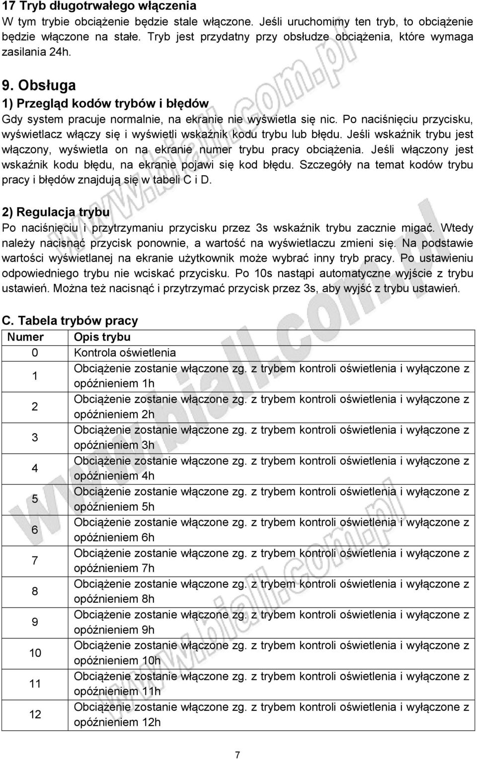 Po naciśnięciu przycisku, wyświetlacz włączy się i wyświetli wskaźnik kodu trybu lub błędu. Jeśli wskaźnik trybu jest włączony, wyświetla on na ekranie numer trybu pracy obciążenia.