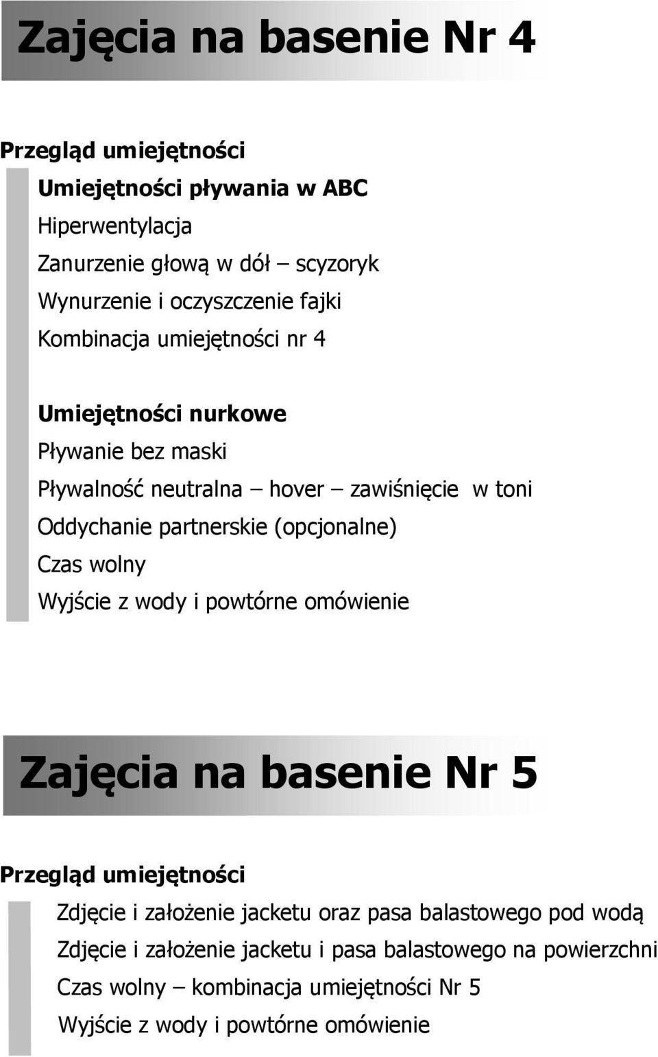 (opcjonalne) Czas wolny Wyjście z wody i powtórne omówienie Zajęcia na basenie Nr 5 Zdjęcie i założenie jacketu oraz pasa balastowego pod