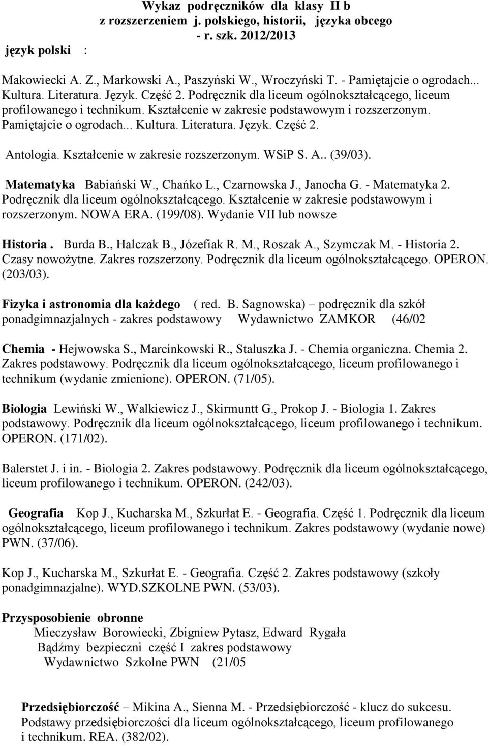 Pamiętajcie o ogrodach... Kultura. Literatura. Język. Część 2. Antologia. Kształcenie w zakresie rozszerzonym. WSiP S. A.. (39/03). Matematyka Babiański W., Chańko L., Czarnowska J., Janocha G.