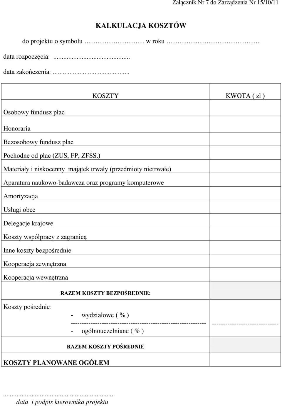 ) Materiały i niskocenny majątek trwały (przedmioty nietrwałe) Aparatura naukowo-badawcza oraz programy komputerowe Amortyzacja Usługi obce Delegacje krajowe Koszty współpracy z zagranicą