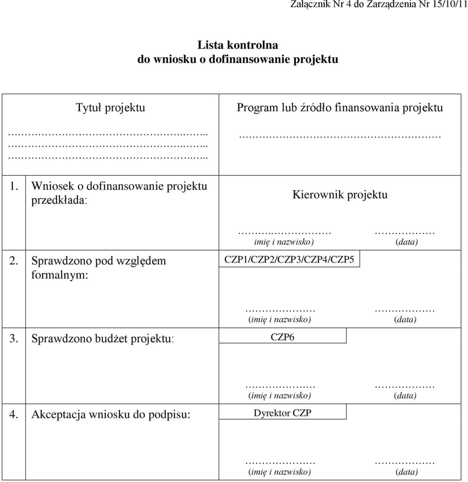 Wniosek o dofinansowanie projektu przedkłada: Kierownik projektu 2. Sprawdzono pod względem formalnym:.