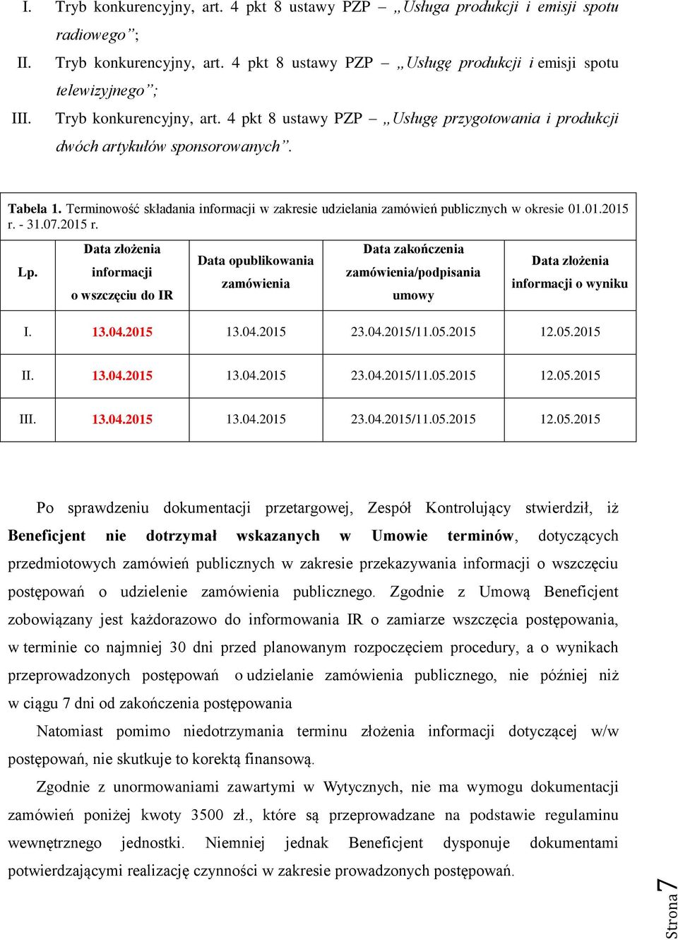 Terminowość składania informacji w zakresie udzielania zamówień publicznych w okresie 01.01.2015 r. - 31.07.2015 r. Lp.