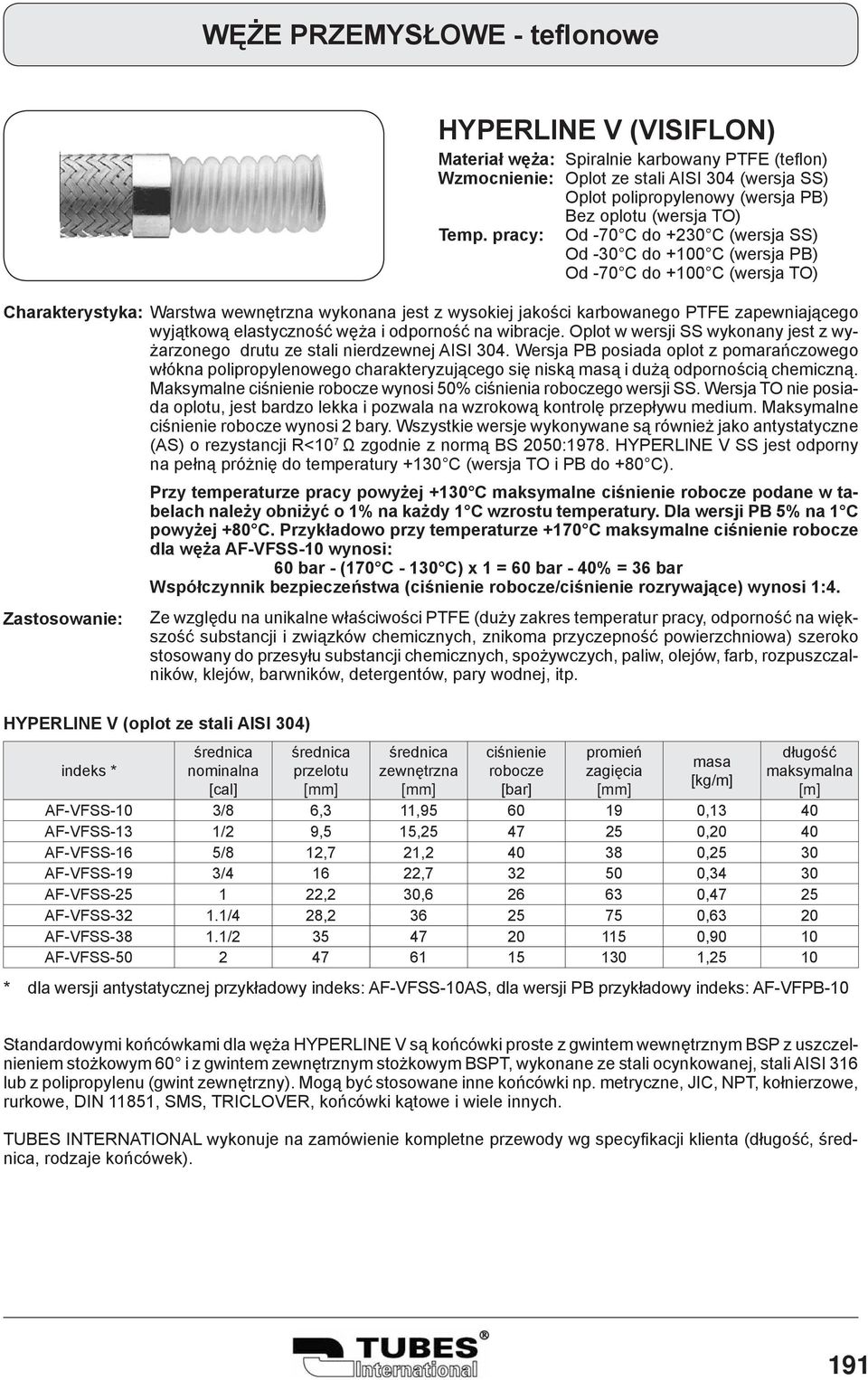 C do +100 C (wersja TO) Charakterystyka: Warstwa wewnętrzna wykonana jest z wysokiej jakości karbowanego PTFE zapewniającego wyjątkową elastyczność węża i odporność na wibracje.