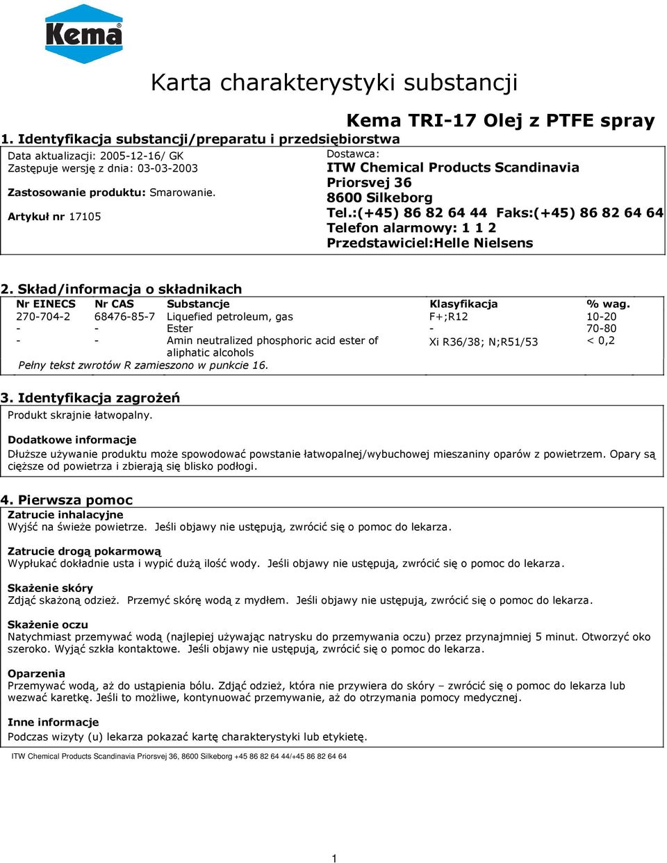 Skład/informacja o składnikach Nr EINECS Nr CAS Substancje Klasyfikacja % wag.