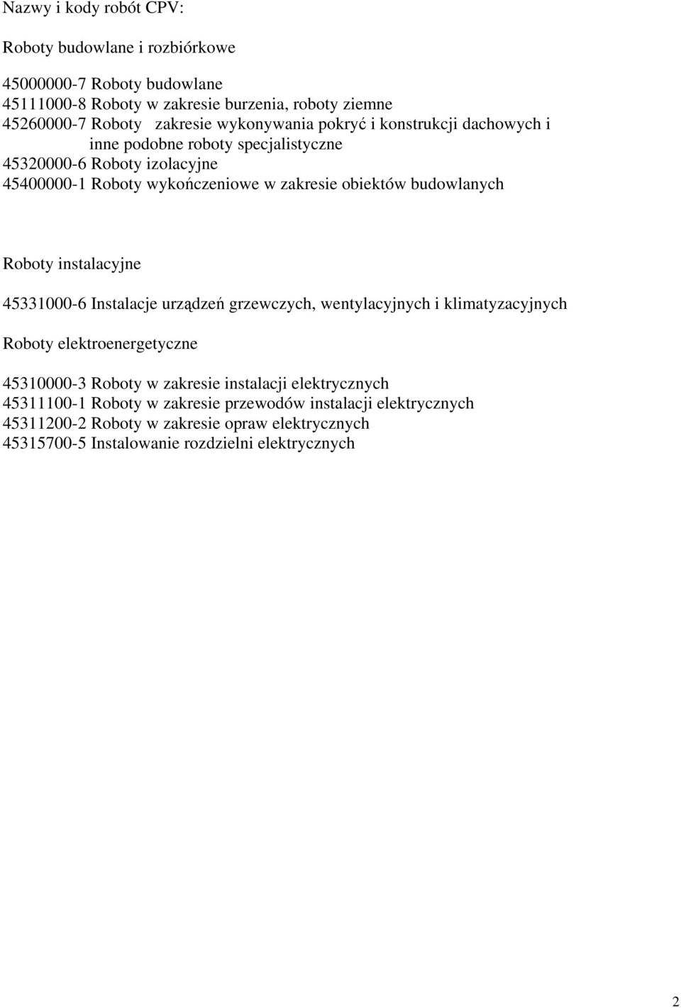 budowlanych Roboty instalacyjne 45331000-6 Instalacje urządzeń grzewczych, wentylacyjnych i klimatyzacyjnych Roboty elektroenergetyczne 45310000-3 Roboty w zakresie
