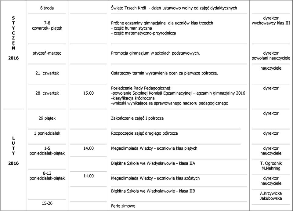 00 Posiedzenie ady Pedagogicznej: -powołanie zkolnej Komisji gzaminacyjnej egzamin gimnazjalny -klasyfikacja śródroczna -wnioski wynikające ze sprawowanego nadzoru pedagogicznego 29 piątek akończenie