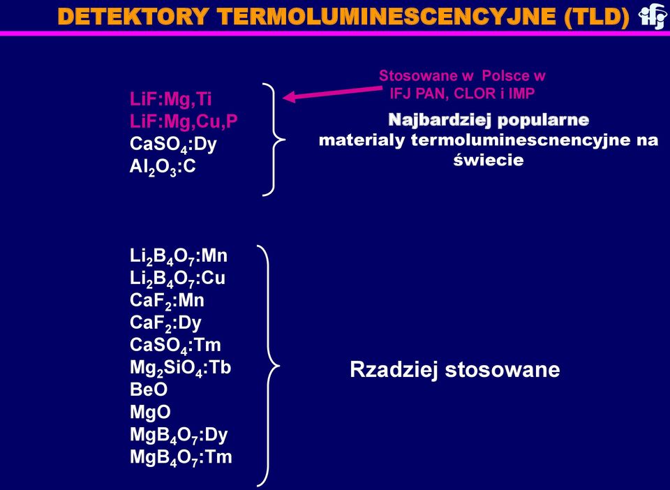 termoluminescnencyjne na świecie Li 2 B 4 O 7 :Mn Li 2 B 4 O 7 :Cu CaF 2 :Mn CaF