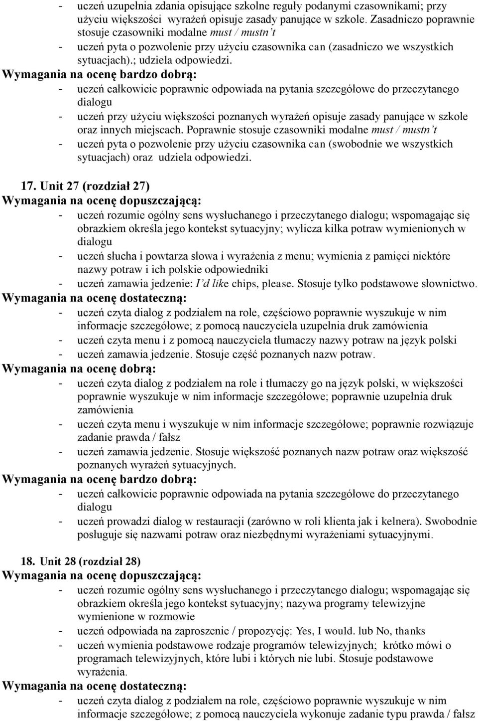 dialogu - uczeń przy użyciu większości poznanych wyrażeń opisuje zasady panujące w szkole oraz innych miejscach.