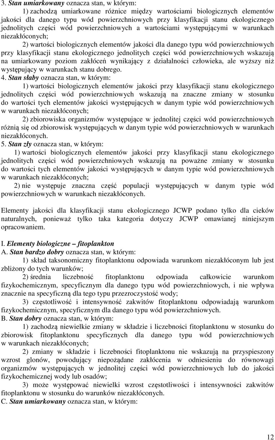 klasyfikacji stanu ekologicznego jednolitych części wód powierzchniowych wskazują na umiarkowany poziom zakłóceń wynikający z działalności człowieka, ale wyższy niż występujący w warunkach stanu