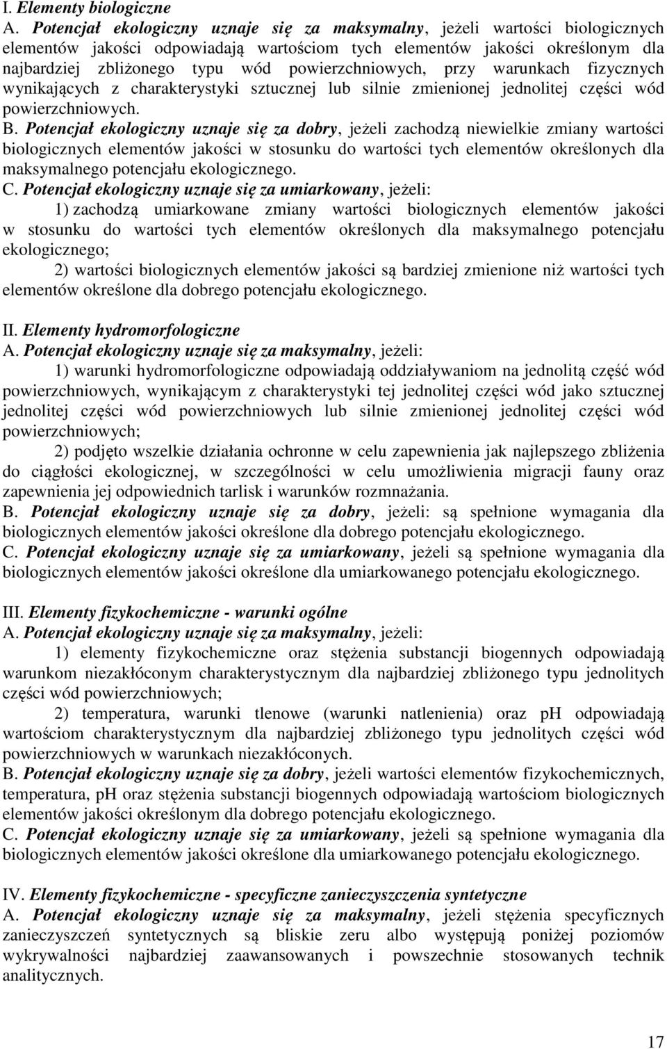 powierzchniowych, przy warunkach fizycznych wynikających z charakterystyki sztucznej lub silnie zmienionej jednolitej części wód powierzchniowych. B.