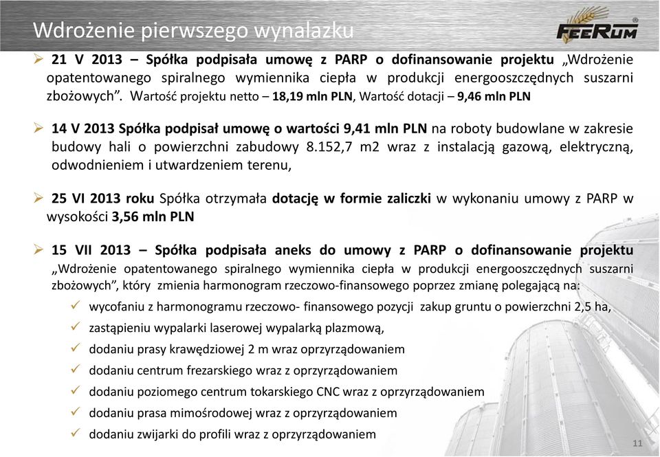 152,7 m2 wraz z instalacją gazową, elektryczną, odwodnieniem i utwardzeniem terenu, 25 VI 2013 roku Spółka otrzymała dotację w formie zaliczki w wykonaniu umowy z PARP w wysokości 3,56 mln PLN 15 VII