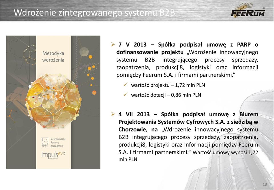 wartość projektu 1,72 mln PLN wartość dotacji 0,86 mln PLN 13,6 4 VII 2013 Spółka podpisał umowę z Biurem Projektowania Systemów Cyfrowych S.A.