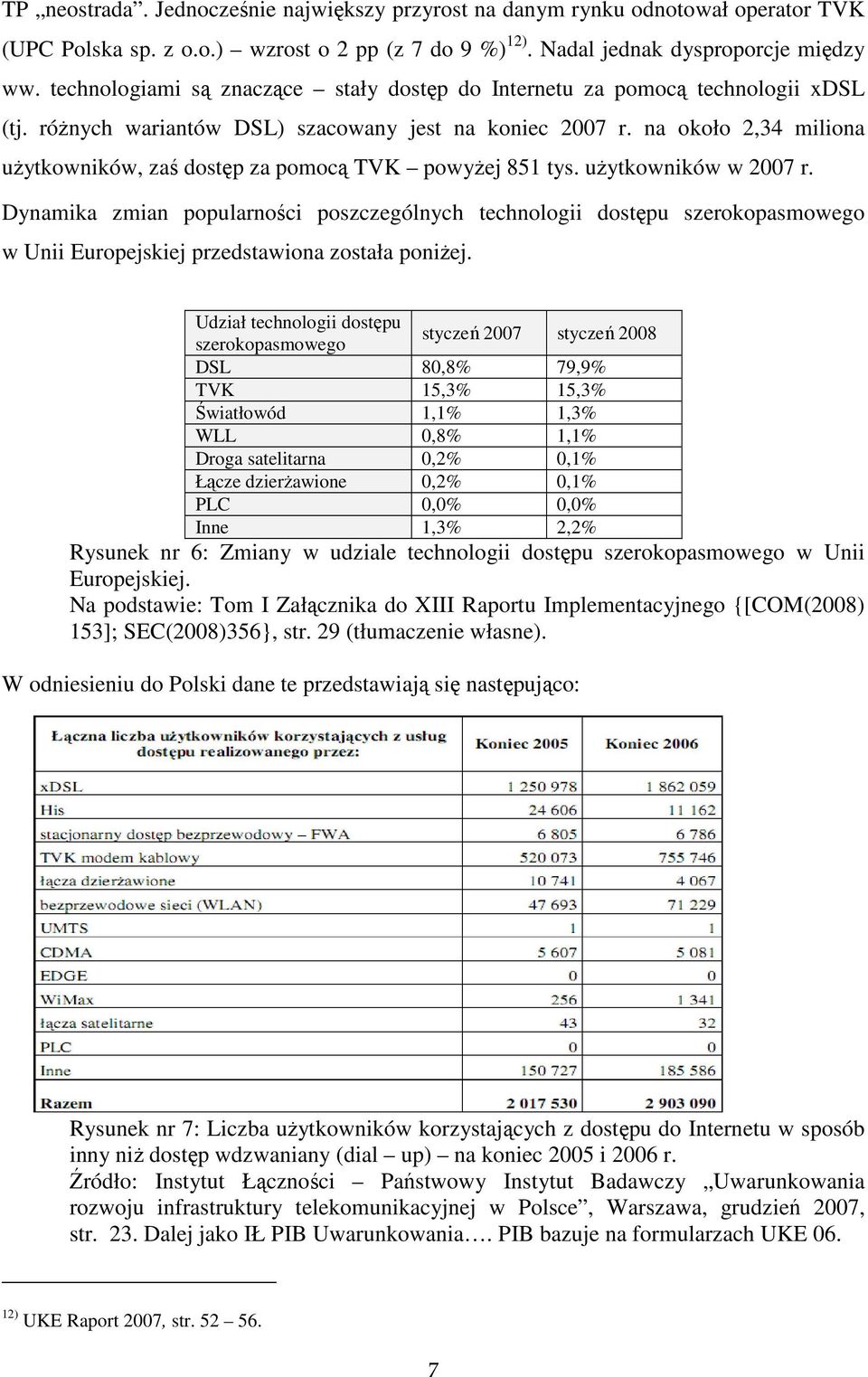 na około 2,34 miliona użytkowników, zaś dostęp za pomocą TVK powyżej 851 tys. użytkowników w 2007 r.