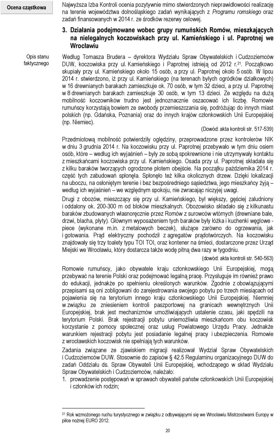 Paprotnej we Wrocławiu Według Tomasza Brudera dyrektora Wydziału Spraw Obywatelskich i Cudzoziemców DUW, koczowiska przy ul. Kamieńskiego i Paprotnej istnieją od 2012 r. 21.