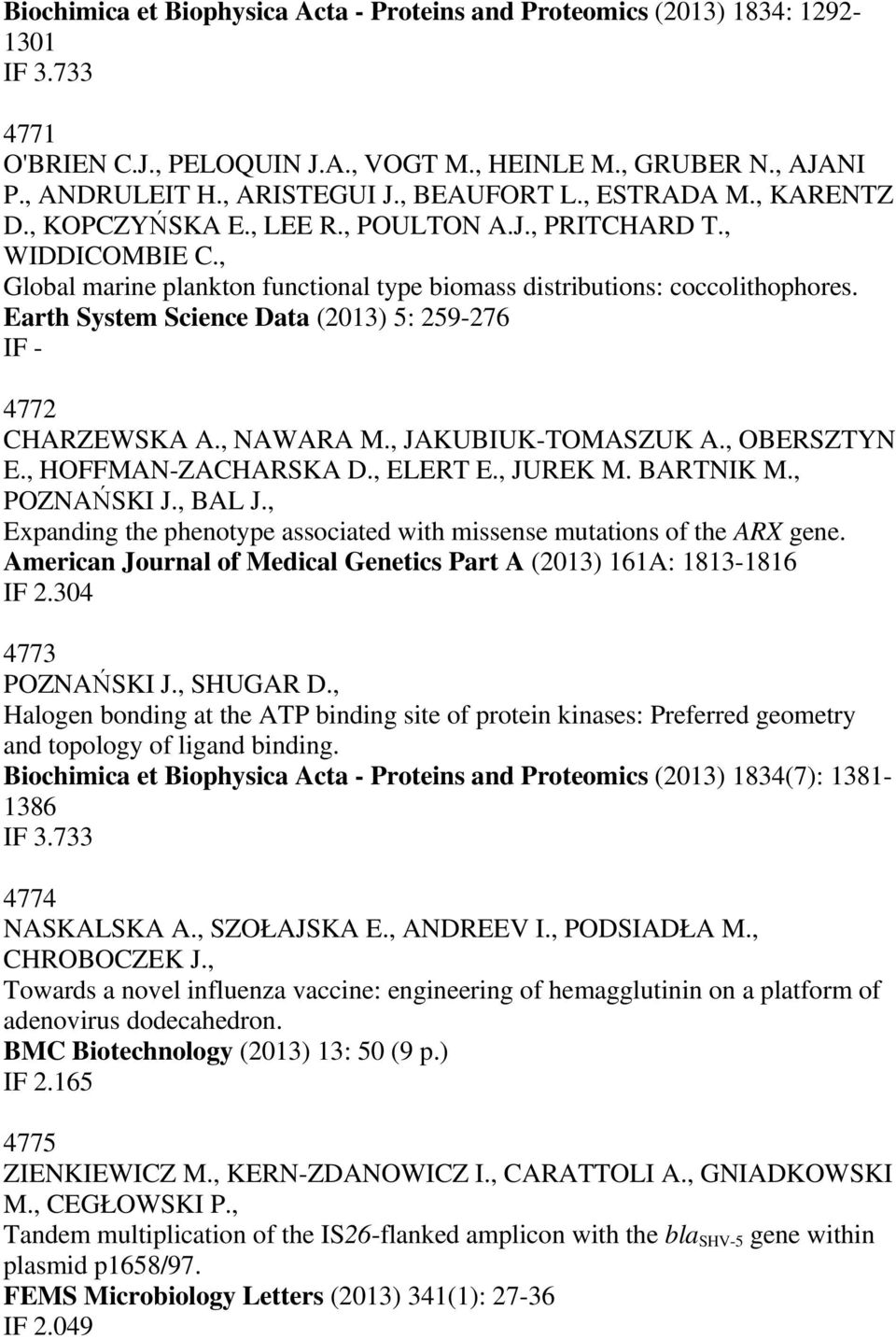 Earth System Science Data (2013) 5: 259-276 IF - 4772 CHARZEWSKA A., NAWARA M., JAKUBIUK-TOMASZUK A., OBERSZTYN E., HOFFMAN-ZACHARSKA D., ELERT E., JUREK M. BARTNIK M., POZNAŃSKI J., BAL J.