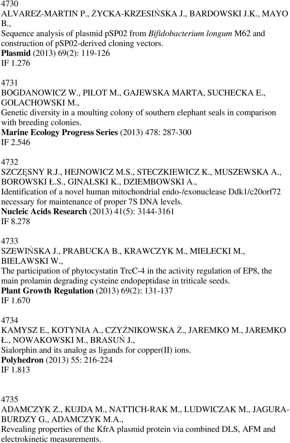 , Genetic diversity in a moulting colony of southern elephant seals in comparison with breeding colonies. Marine Ecology Progress Series (2013) 478: 287-300 IF 2.546 4732 SZCZĘSNY R.J., HEJNOWICZ M.S., STECZKIEWICZ K.