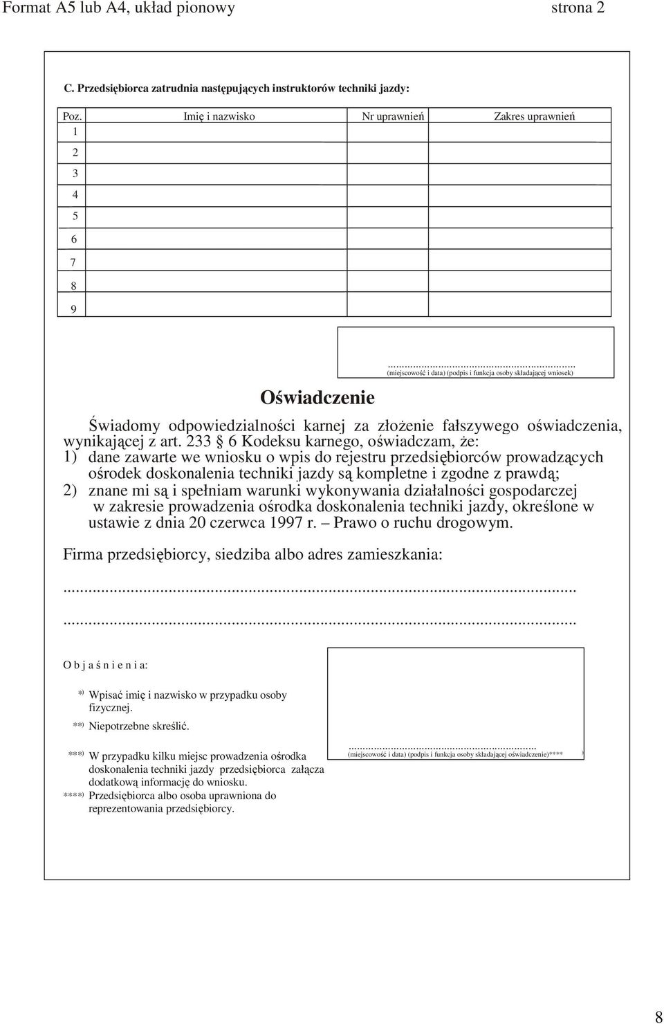 233 6 Kodeksu karnego, oświadczam, że: 1) dane zawarte we wniosku o wpis do rejestru przedsiębiorców prowadzących ośrodek doskonalenia techniki jazdy są kompletne i zgodne z prawdą; 2) znane mi są i