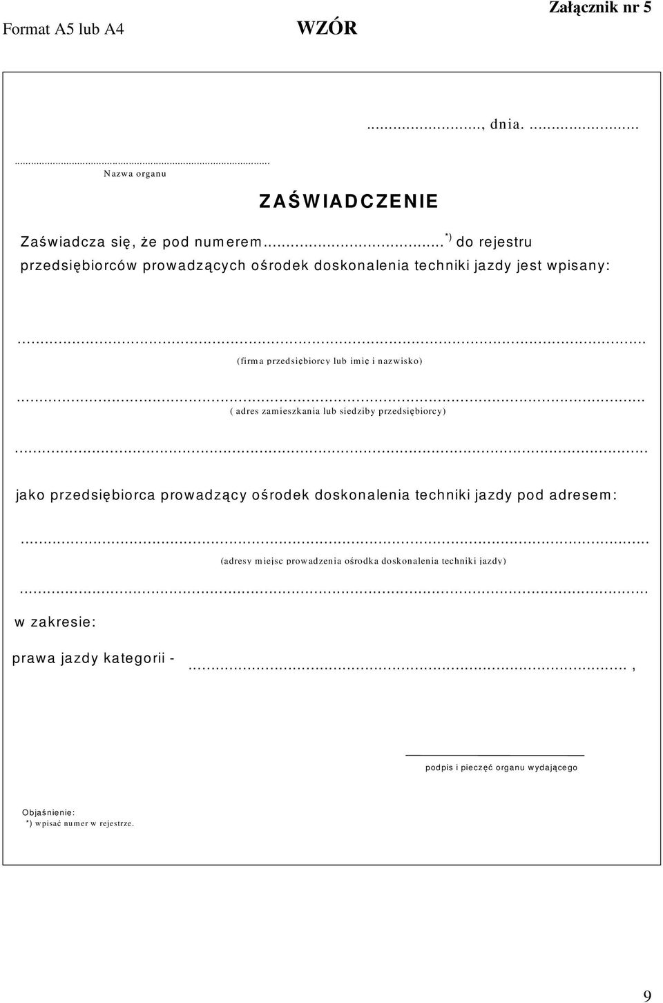 ..... ( adres zam ieszkania lub siedziby przedsiębiorcy)... jako przedsiębiorca prowadzący ośrodek doskonalenia techniki jazdy pod adresem:.