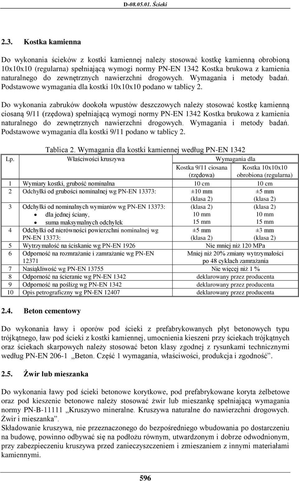 Do wykonania zabruków dookoła wpustów deszczowych należy stosować kostkę kamienną ciosaną 9/11 (rzędowa) spełniającą wymogi normy PN-EN 1342 Kostka brukowa z kamienia naturalnego do zewnętrznych