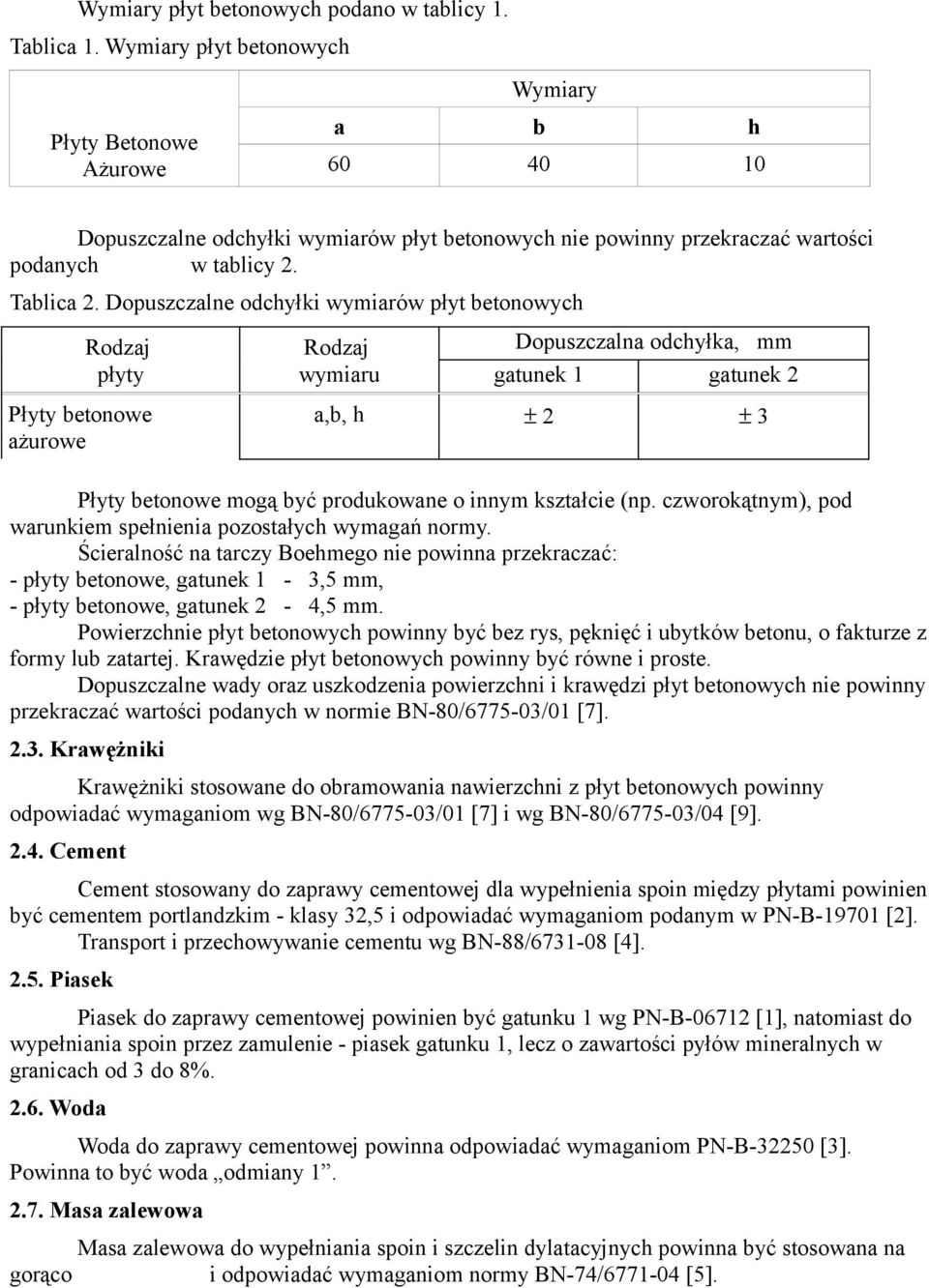 Dopuszczalne odchyłki wymiarów płyt betonowych Płyty betonowe ażurowe Rodzaj Rodzaj Dopuszczalna odchyłka, mm płyty wymiaru gatunek 1 gatunek 2 a,b, h ± 2 ± 3 Płyty betonowe mogą być produkowane o