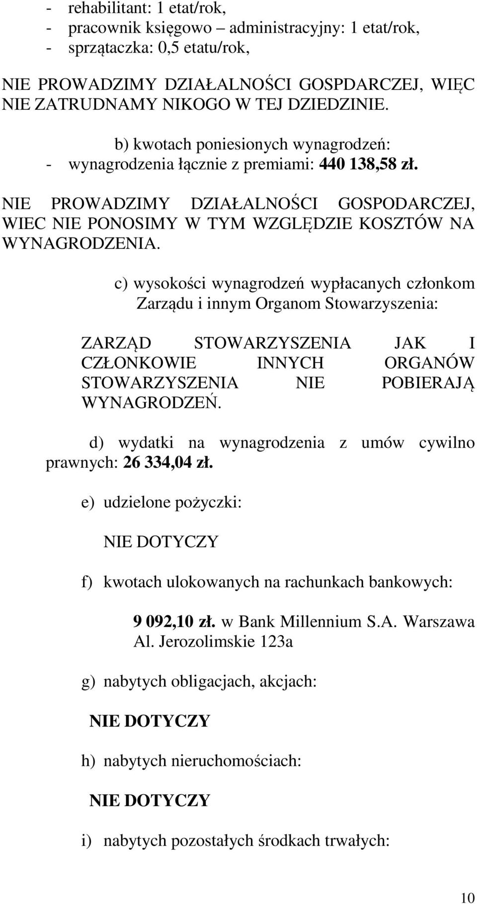 c) wysokości wynagrodzeń wypłacanych członkom Zarządu i innym Organom Stowarzyszenia: ZARZĄD STOWARZYSZENIA JAK I CZŁONKOWIE INNYCH ORGANÓW STOWARZYSZENIA NIE POBIERAJĄ WYNAGRODZEŃ.