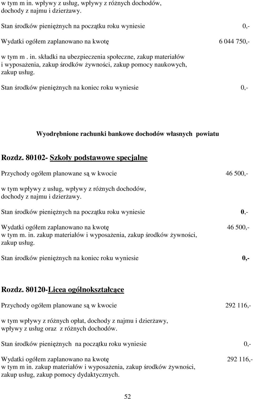 Wydatki ogółem zaplanowano na kwotę 46 500,- w tym m. in. zakup materiałów i wyposaŝenia, zakup środków Ŝywności, Rozdz.