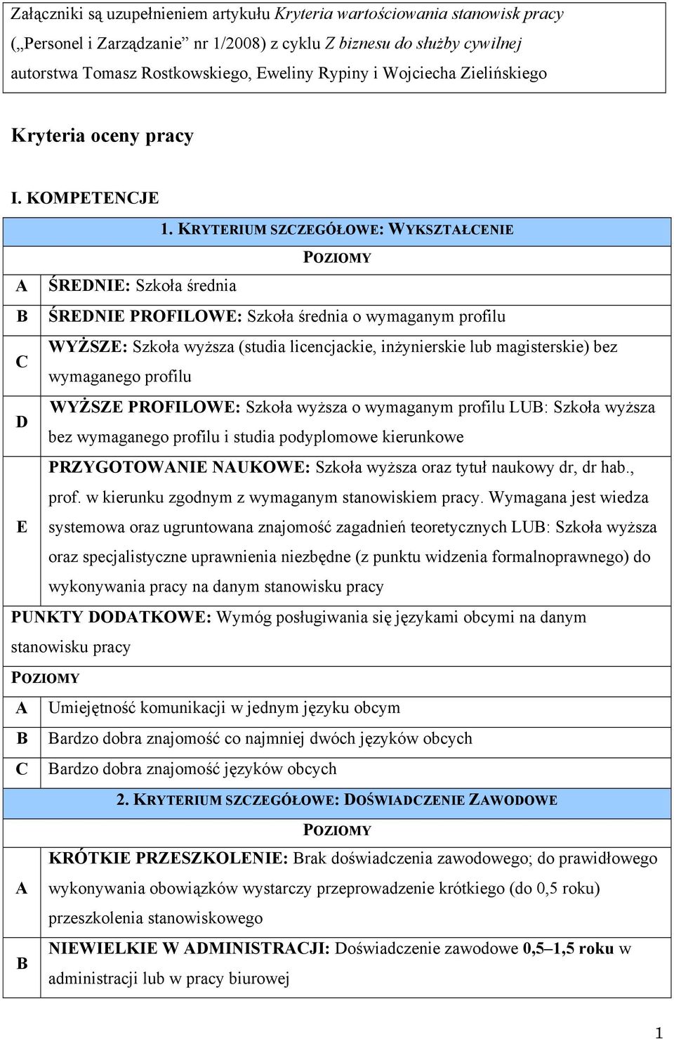 KRYTERIUM SZZEGÓŁOWE: WYKSZTŁENIE ŚRENIE: Szkoła średnia ŚRENIE PROFILOWE: Szkoła średnia o wymaganym profilu WYŻSZE: Szkoła wyższa (studia licencjackie, inżynierskie lub magisterskie) bez wymaganego