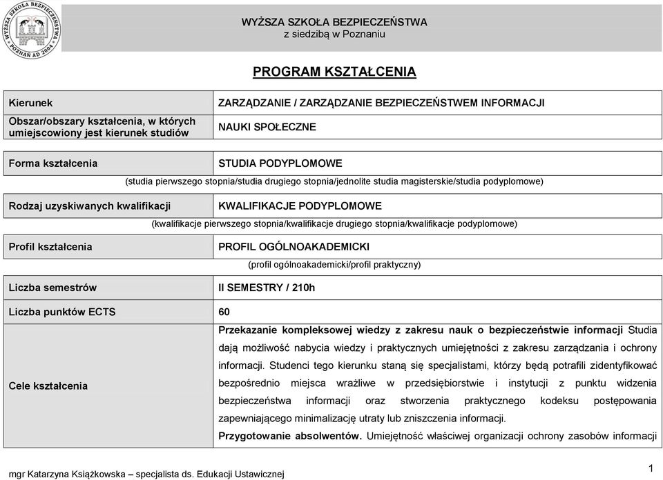 stopnia/kwalifikacje drugiego stopnia/kwalifikacje podyplomowe) Profil kształcenia Liczba semestrów PROFIL OGÓLNOAKADEMICKI (profil ogólnoakademicki/profil praktyczny) II SEMESTRY / 210h Liczba