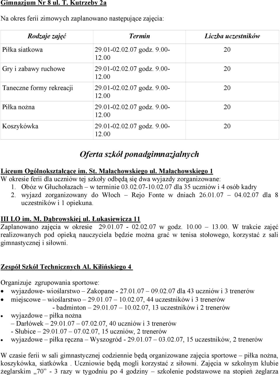 Małachowskiego 1 W okresie dla uczniów tej szkoły odbędą się dwa wyjazdy zorganizowane: 1. Obóz w Głuchołazach w terminie 03.02.07-10.02.07 dla 35 uczniów i 4 osób kadry 2.