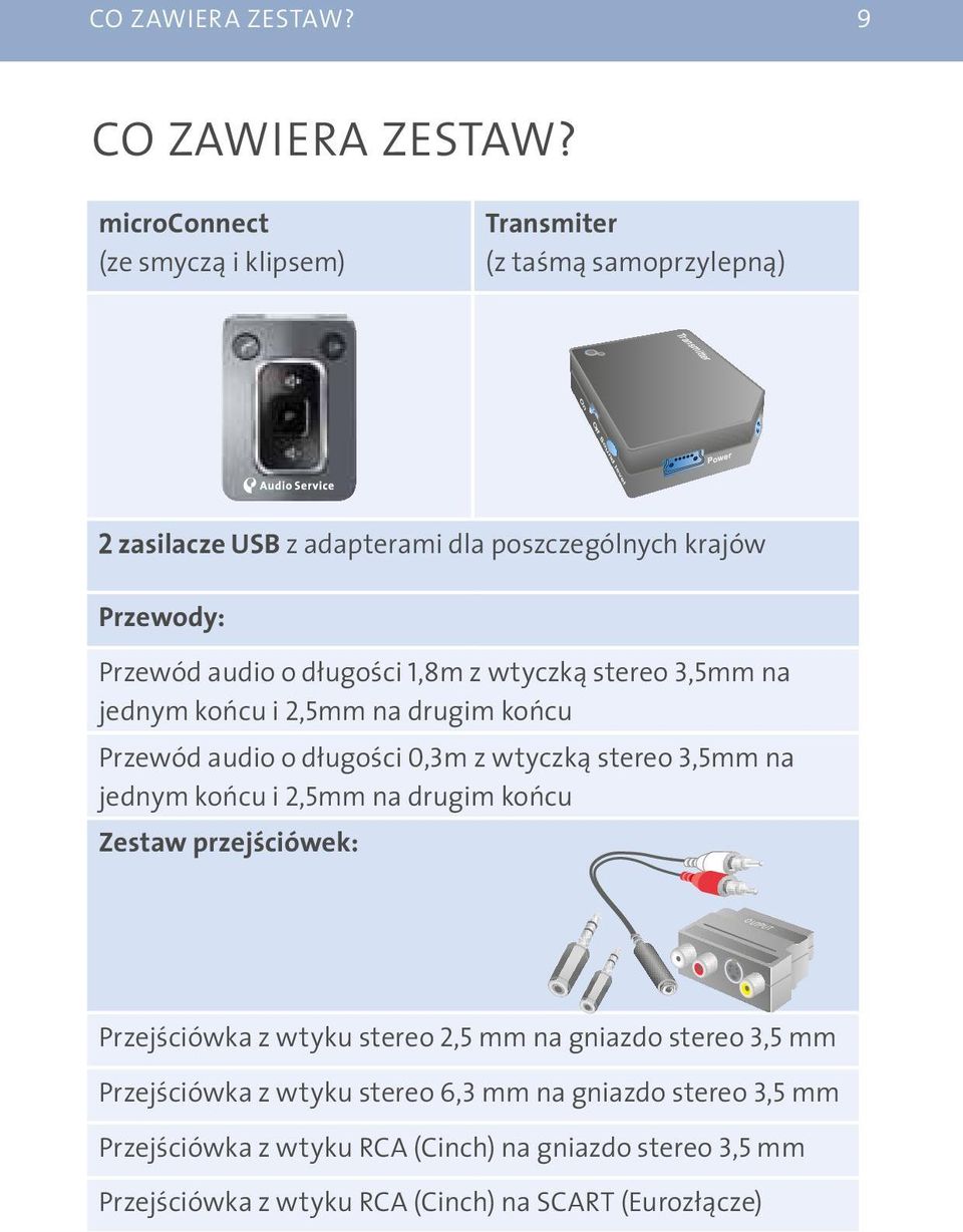krajów Przewody: Przewód audio o długości 1,8m z wtyczką stereo 3,5mm na jednym końcu i 2,5mm na drugim końcu Przewód audio o długości 0,3m z wtyczką stereo 3,5mm na