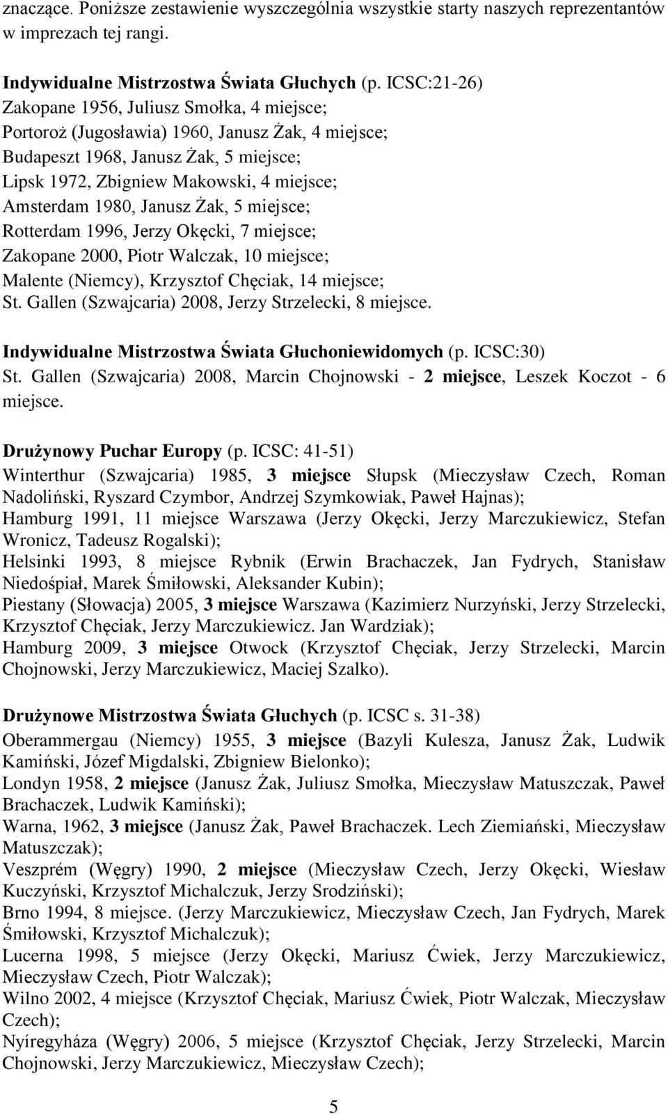 1980, Janusz Żak, 5 miejsce; Rotterdam 1996, Jerzy Okęcki, 7 miejsce; Zakopane 2000, Piotr Walczak, 10 miejsce; Malente (Niemcy), Krzysztof Chęciak, 14 miejsce; St.