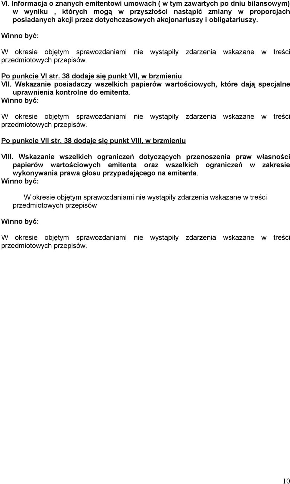 38 dodaje się punkt VII, w brzmieniu VII. Wskazanie posiadaczy wszelkich papierów wartościowych, które dają specjalne uprawnienia kontrolne do emitenta.