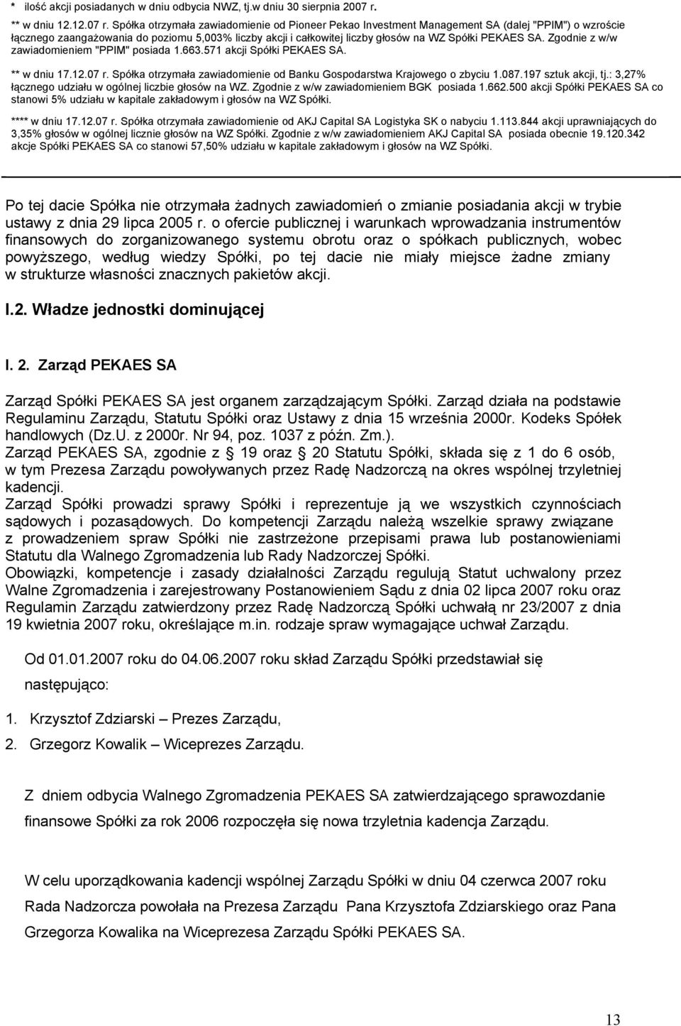 Spółka otrzymała zawiadomienie od Pioneer Pekao Investment Management SA (dalej "PPIM") o wzroście łącznego zaangażowania do poziomu 5,003% liczby akcji i całkowitej liczby głosów na WZ Spółki PEKAES